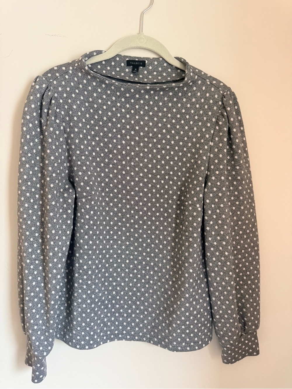 Talbots Gray and White Polka Dot Long Sleeve Top size medium